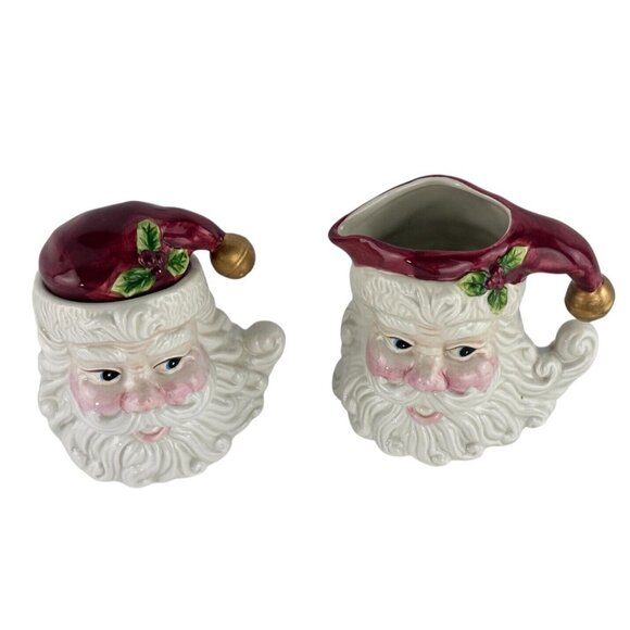 Vintage Santa Head Ceramic Christmas Creamer & Sugar Bowl Set With Lid - Picture 10 of 14